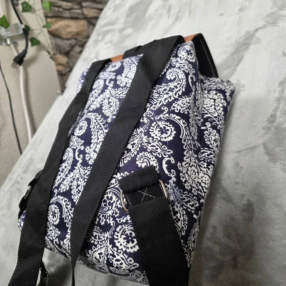 Unbranded Mini Backpack Women Small Navy White Paisley Fair Faux‎ Leather Trim